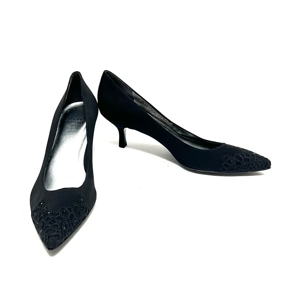 Vintage 1990s deadstock black nylon rhinestone lace pointed toe kitten heels